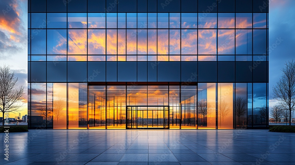 Fototapeta premium New office architecture with modern black cladding and expansive glass, captured at twilight with soft exterior lighting and empty pavement foreground 