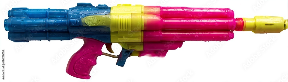 Colorful toy water gun against a white isolated background.
