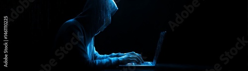 Obraz na płótnie Hacker silhouette using laptop in dark environment, dramatic lighting w salonie