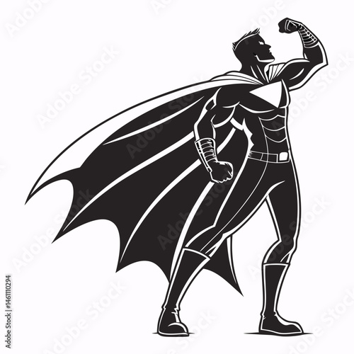 Powerful Superhero Silhouette Strong Man in Cape Bold Black and White Comic Book Hero Illustration Dramatic Pose Classic
