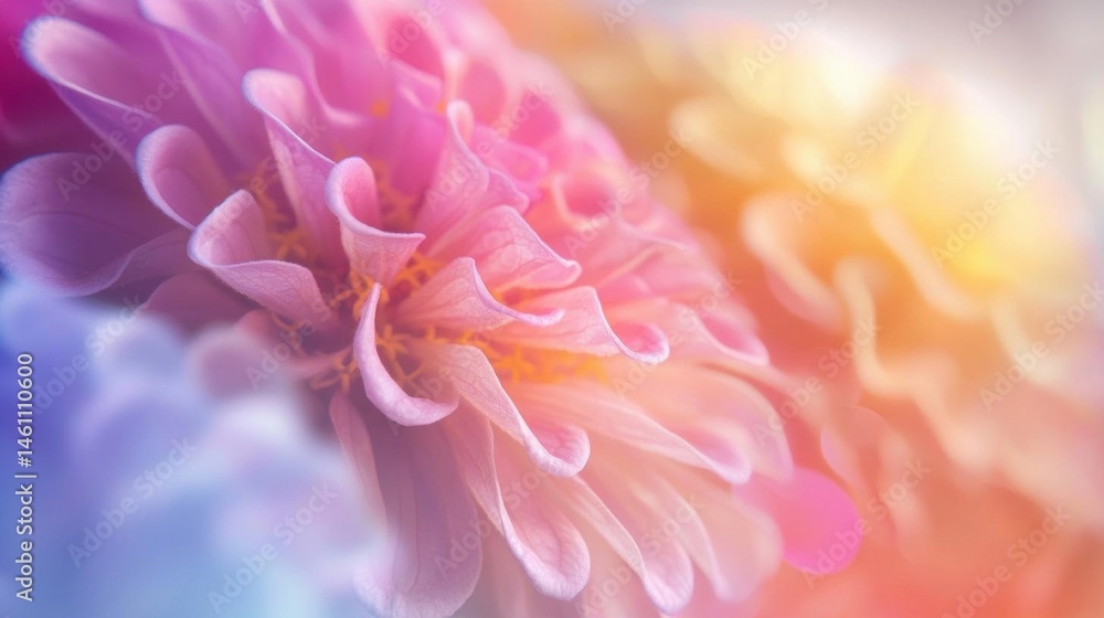 Close-up of a pink and yellow flower. the flower has multiple layers of petals that are arranged in a star-like pattern. the petals are a soft pink color with hints of yellow and orange. Close-up of a pink and yellow flower. the flower has multiple layers of petals that are arranged in a star-like pattern. the petals are a soft pink color with hints of yellow and orange.