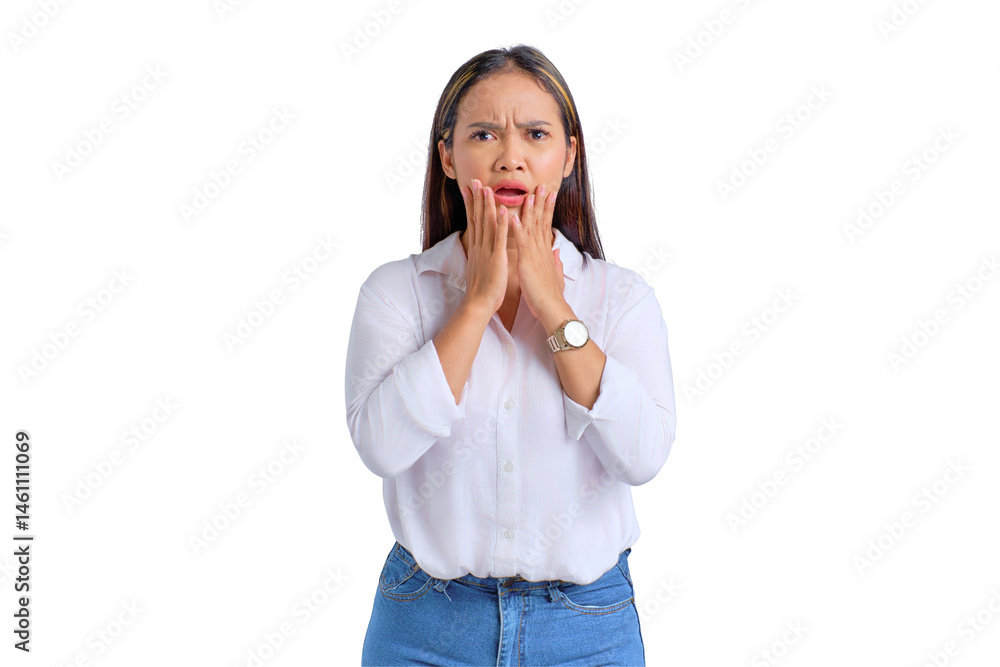 Scared young Asian woman standing with worried expression at camera isolated on transparent background Scared young Asian woman standing with worried expression at camera isolated on transparent background
