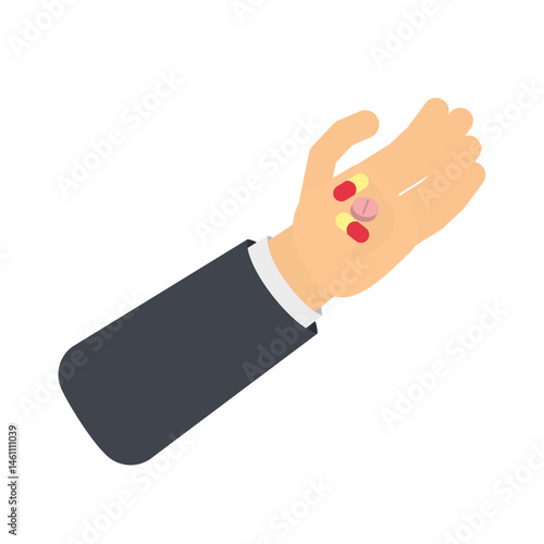 Using a handful of antidepressants. Tablets in hand, vector illustration.