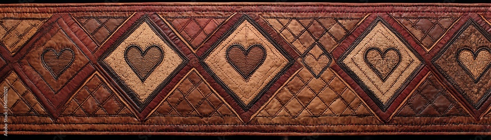 Intricate wooden panel with diamond patterns and heart motifs, rich in detail.