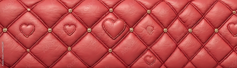 Red quilted fabric with heart-shaped patterns, soft texture, elegant design, detailed view.