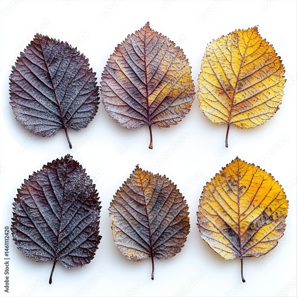 Obraz premium Six Frost Covered Autumn Leaves in Yellow Brown and Purple Hues on White Background
