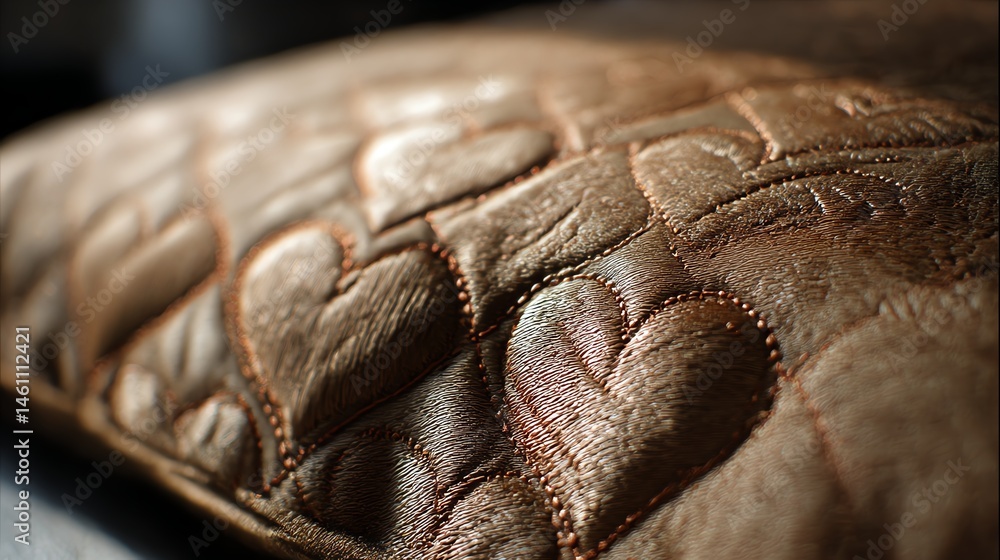Elegant quilted pillow with heart patterns, soft texture, warm brown shades.