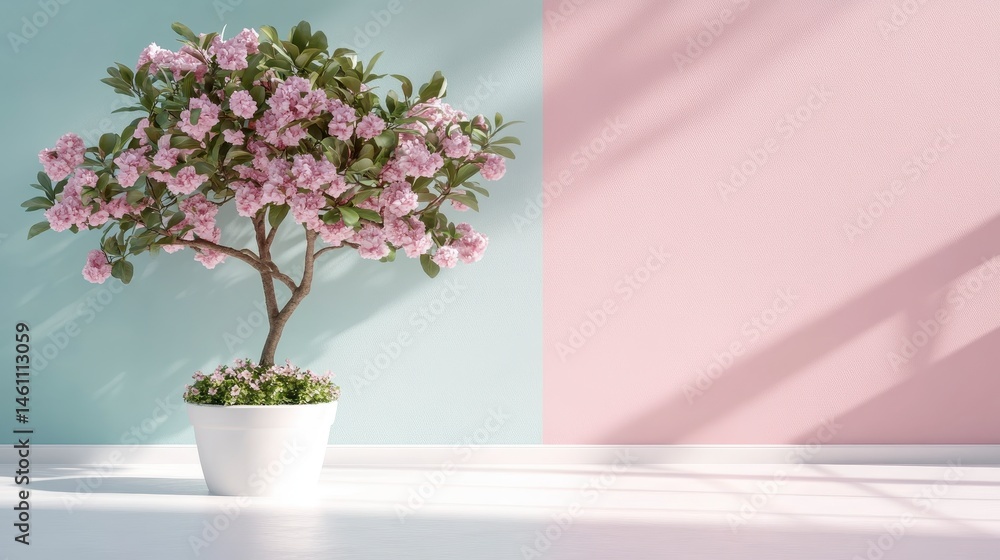 Pink Flowering Plant in White Pot Against Pastel Wall Pink Flowering Plant in White Pot Against Pastel Wall
