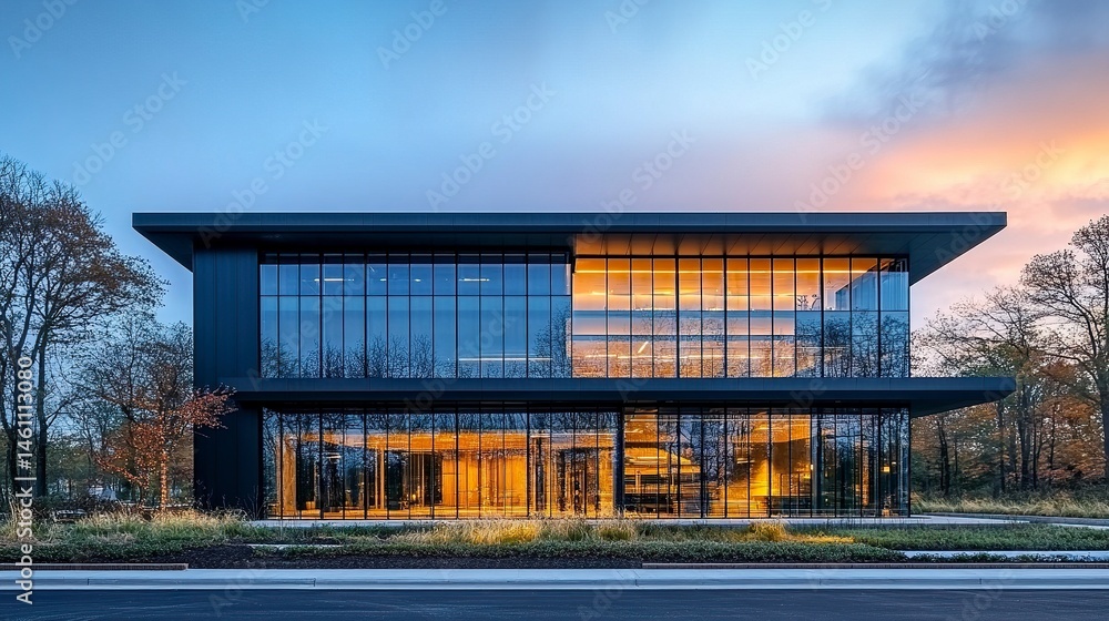 Obraz premium Stylish black building with large windows and clean lines, dusk setting with colorful sky and glowing interior lights, centered eye-level shot 