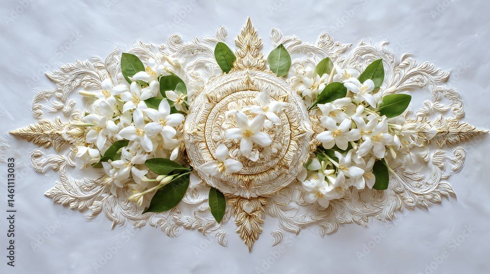 Elegant arrangement of white flowers and intricate decorative elements.