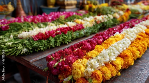 Obraz na płótnie Vibrant floral garlands arranged in rows on a wooden table. w salonie