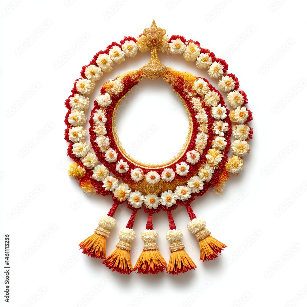 Colorful traditional floral garland on white isolated background.