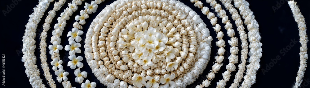 Artful arrangement of popcorn in circular patterns on a black background.