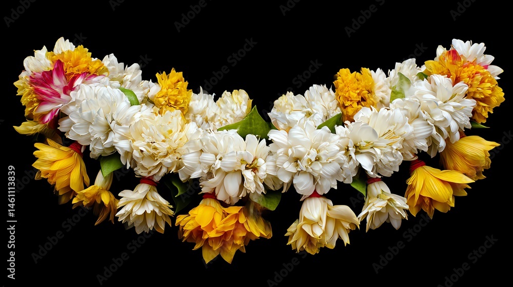 Colorful flower garland, vibrant blooms on a black background.