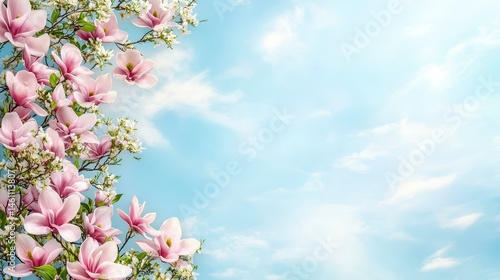 Pink and White Magnolia Blossoms against a Blue Sky Background
