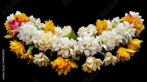 Obraz na płótnie Colorful flower garland, vibrant blooms on a black background. w salonie