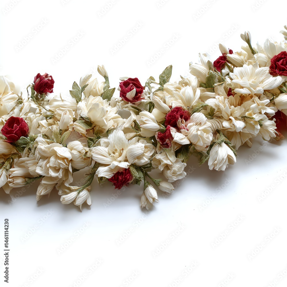 A beautiful arrangement of white and red flowers on a white background.