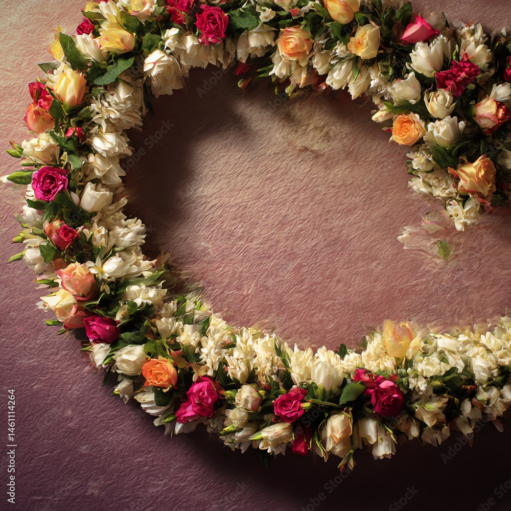 Colorful floral wreath on a textured background.