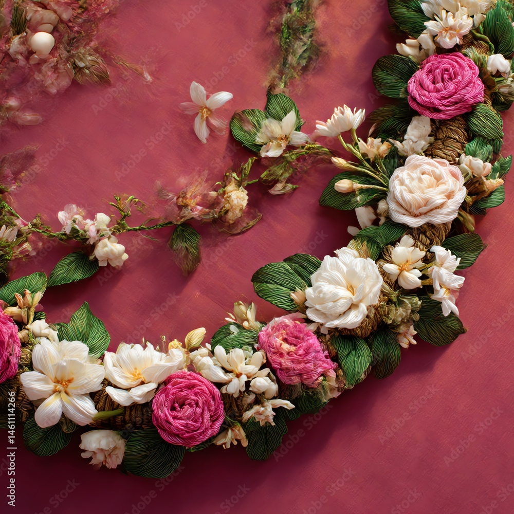 Colorful floral wreath with roses and blossoms on a vibrant background.