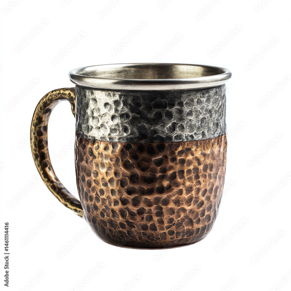 Hammered metal mug with a mix of bronze and silver, isolated on a white background.