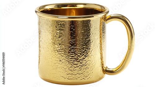 Stylish gold mug with a textured surface on a white isolated background.