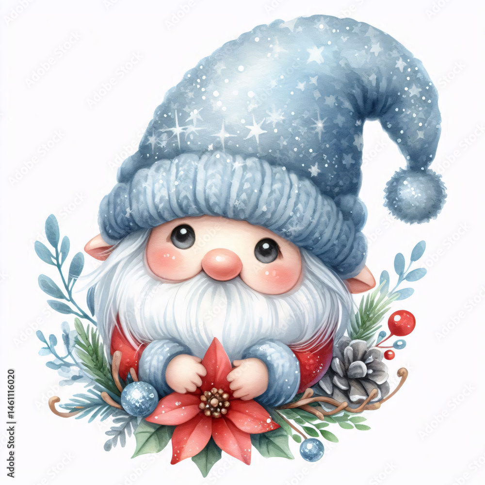 Obraz premium Little bearded gnome in cozy winter outfit standing happily with holiday décor, pine branches, and berries