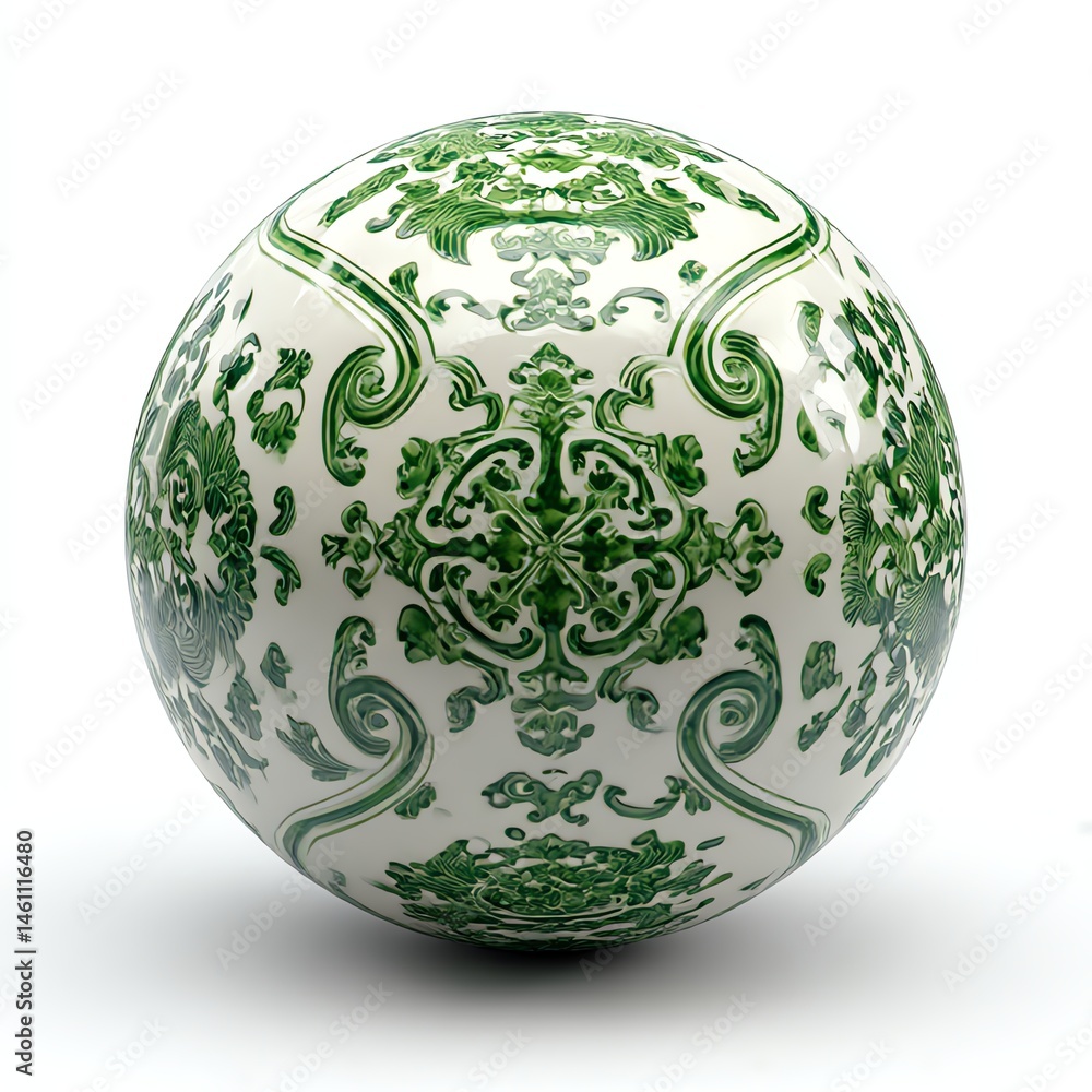 Decorative ceramic ball with intricate green and white patterns, white isolate background.