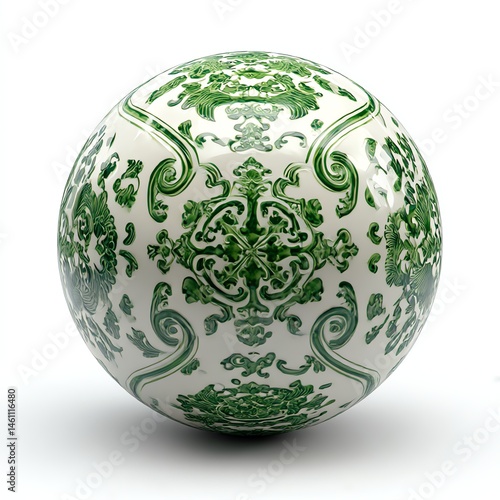 Obraz na płótnie Decorative ceramic ball with intricate green and white patterns, white isolate background. w salonie