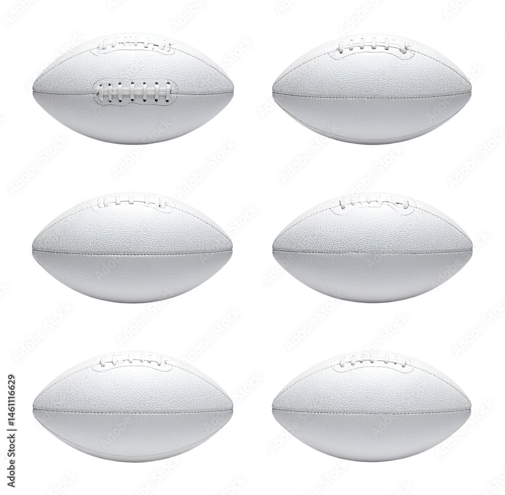 Fototapeta premium White American Footballs on Smooth Gleaming Surface with Shadows, Isolated on Transparent Background