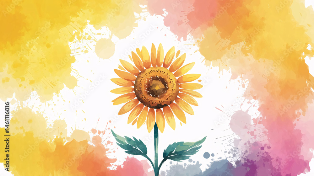 Stylized watercolor composition of a sunny sunflower in front of a radiant sunburst, expressing nature, life, and color Stylized watercolor composition of a sunny sunflower in front of a radiant sunburst, expressing nature, life, and color