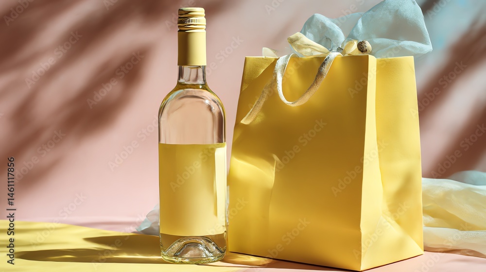 White wine bottle and yellow gift bag on a colorful background.