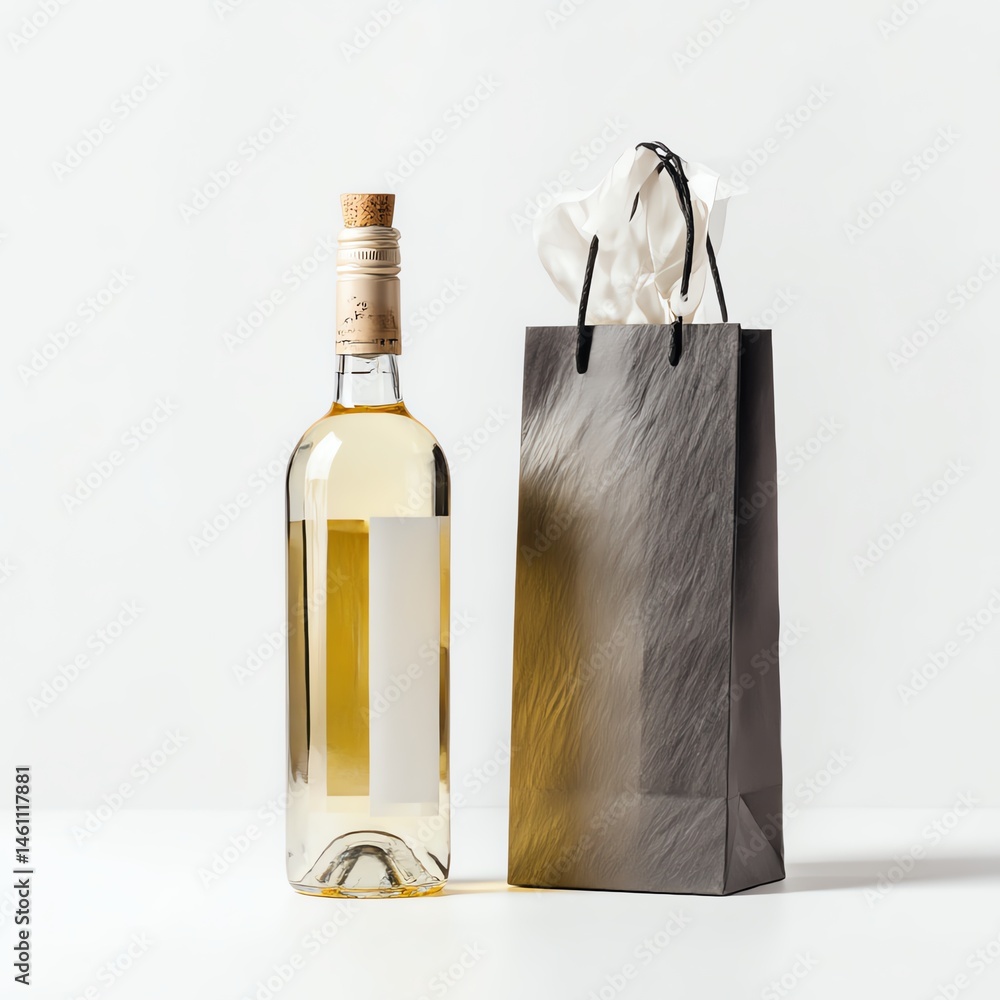 Wine bottle with gift bag on a white isolated background.