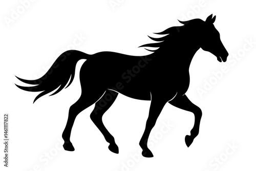 Black silhouette of a single horse walking in side profile design, horse, silhouette, animal, equine, mammal, single, walking, side profile, vector, illustration, black, design, minimalist, farm, dome