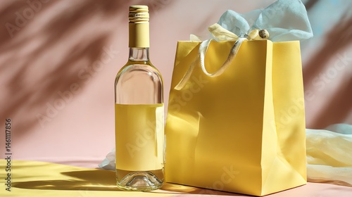 Obraz na płótnie White wine bottle and yellow gift bag on a colorful background. w salonie