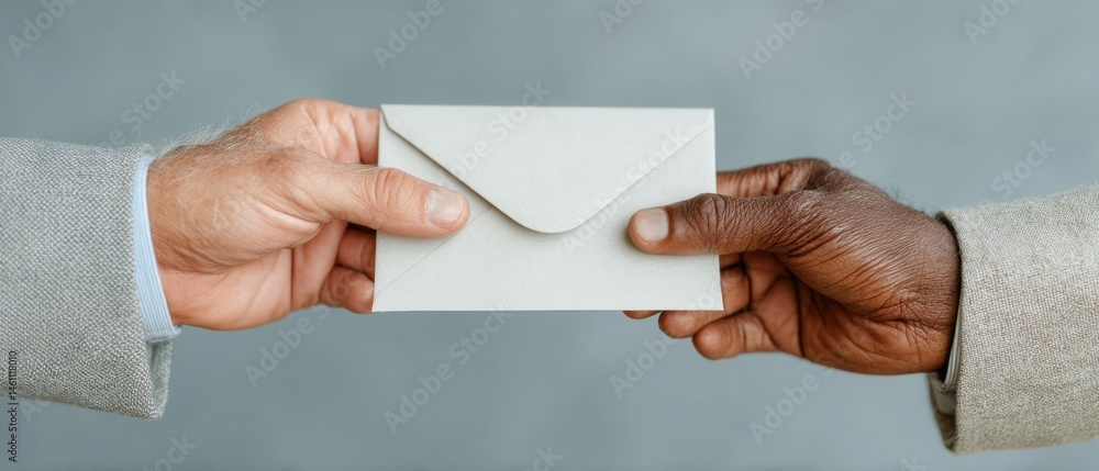 Obraz premium Inclusive Corporate Communication Multicultural Professional Exchange of Confidential Envelope in Minimalist Business Interaction - Global Collaboration Narrative