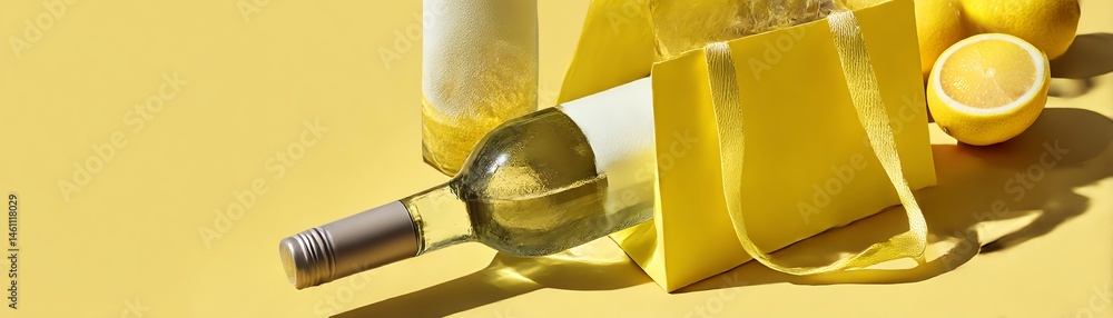 White wine bottle with lemons and a yellow bag on a bright yellow background.