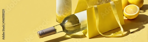 Obraz na płótnie White wine bottle with lemons and a yellow bag on a bright yellow background. w salonie