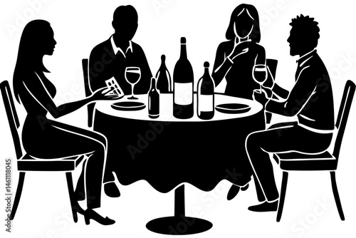 Four people sitting around a table black silhouette on white, silhouette, people, table, meeting, discussion, team, group, rectangular, business, conference, communication, strategy, brainstorming