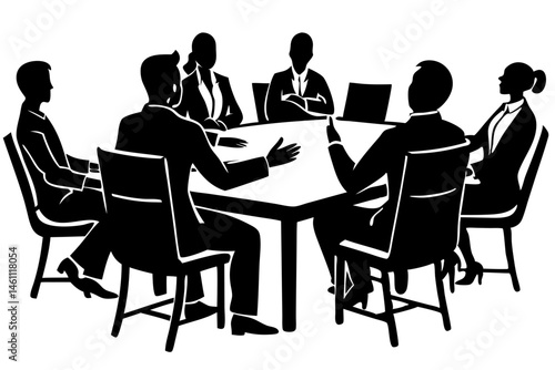 Silhouette design of five people meeting at a long table, silhouette, group, people, table, meeting, discussion, communication, teamwork, collaboration, long table, gathering, conversation, conference