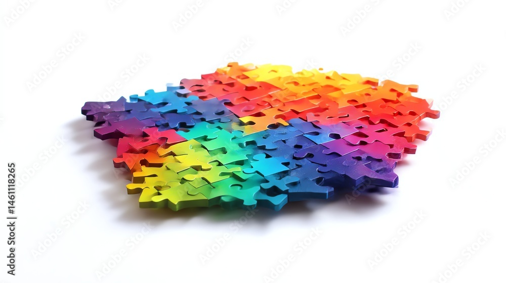 Colorful puzzle pieces arranged on a white isolate background.