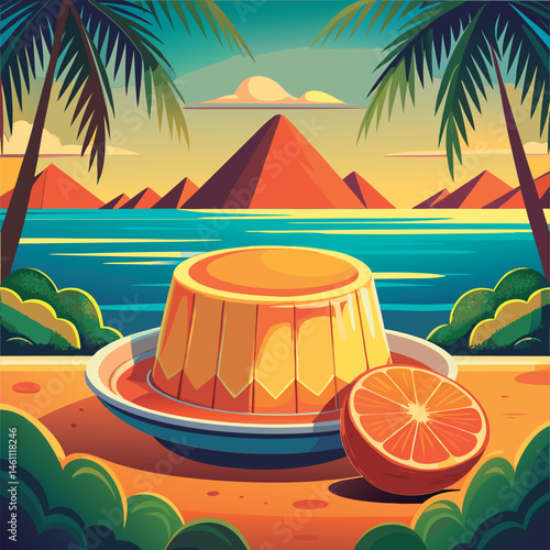 Tropical dessert. orange and custard. seaside scene.