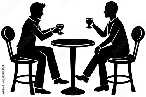 Silhouette of two people at a round table on stools, silhouette, people, stools, round table, bar, counter, conversation, cafe, restaurant, bistro, drinking, friends, togetherness, lifestyle, leisure