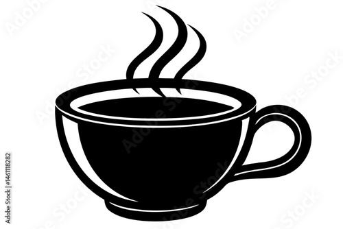 Simple coffee cup silhouette with steaming coffee design on white, coffee, cup, silhouette, steam, mug, drink, beverage, hot, cafe, vector, caffeine, design, aroma, breakfast, morning, illustration