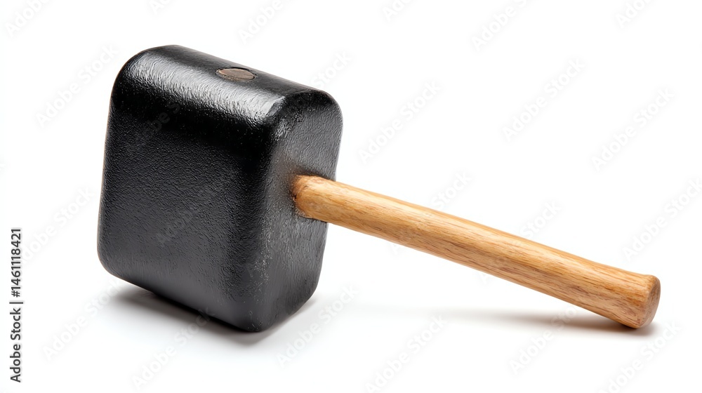 Black rubber mallet with wooden handle on white isolated background.