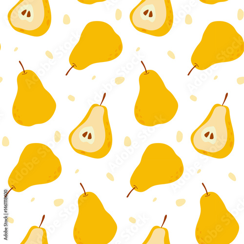 Bright yellow pears create a cheerful pattern on a white background for a fun and vibrant design element