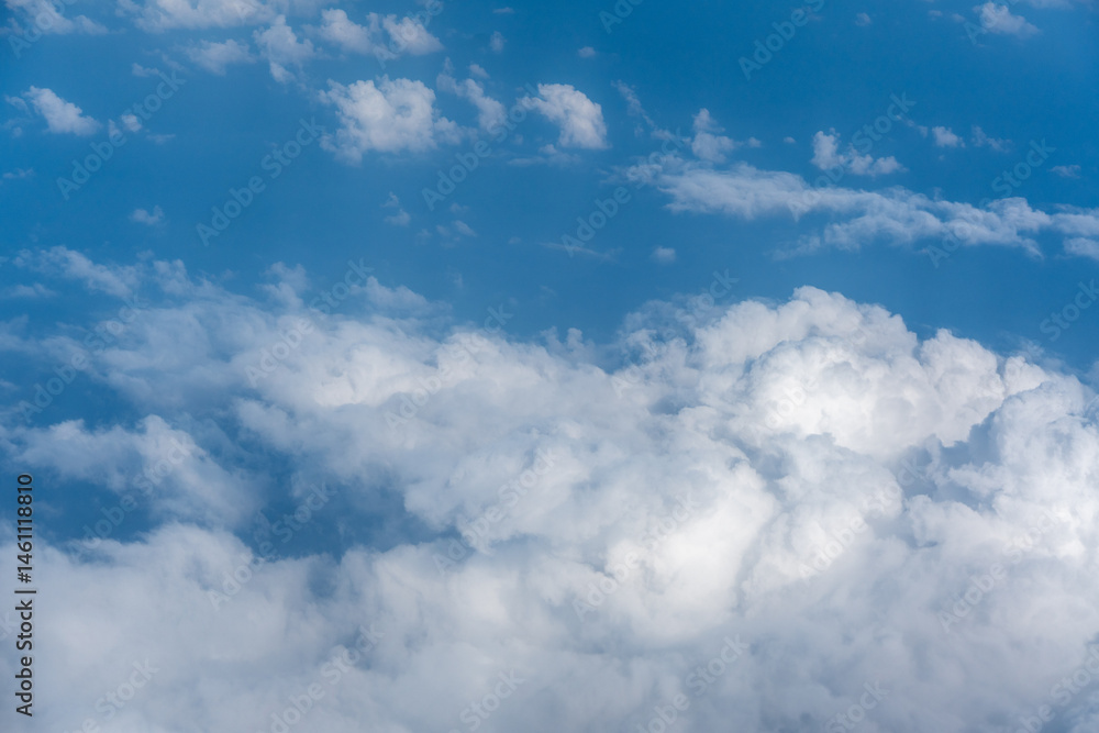 Blue Sky with White Clouds, Flying above Sunny Cloudy Sky Texture Pattern Plane View