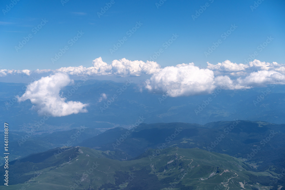 Blue Sky with White Clouds, Flying above Sunny Cloudy Sky Texture Pattern, Fluffy Clouds Plane View