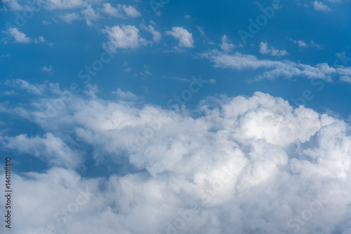 Obraz na płótnie Blue Sky with White Clouds, Flying above Sunny Cloudy Sky Texture Pattern Plane View w salonie