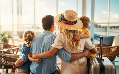 Family looking out airport window with luggage ready for travel vacation