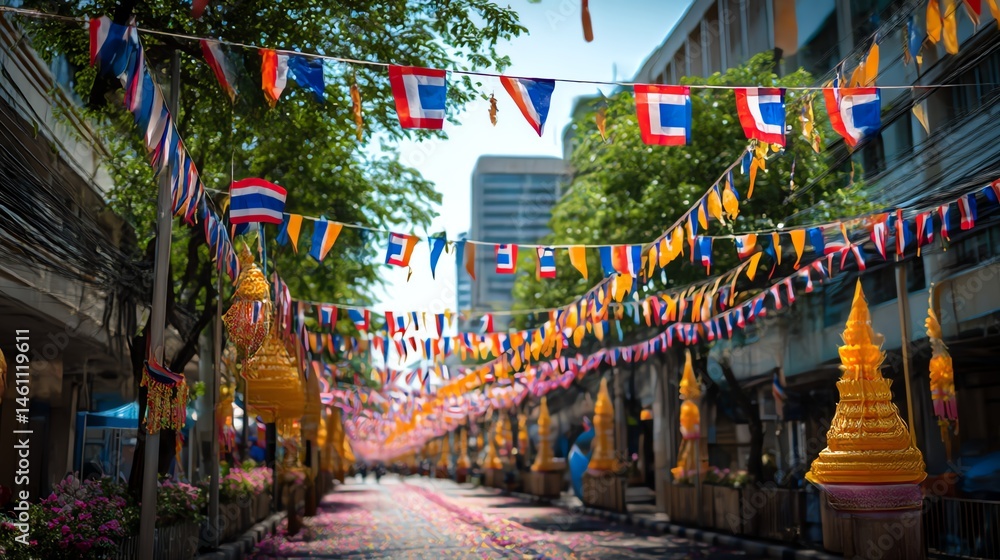 Colorful flags and decorations in a lively street scene during a cultural celebration.